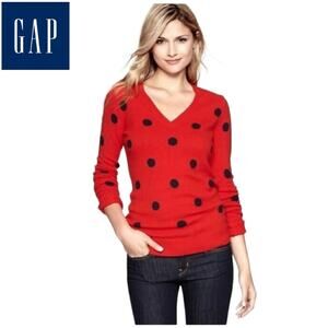 Gap V-neck Red Sweater Navy Blue Polka Dots Wool Blend Size XS